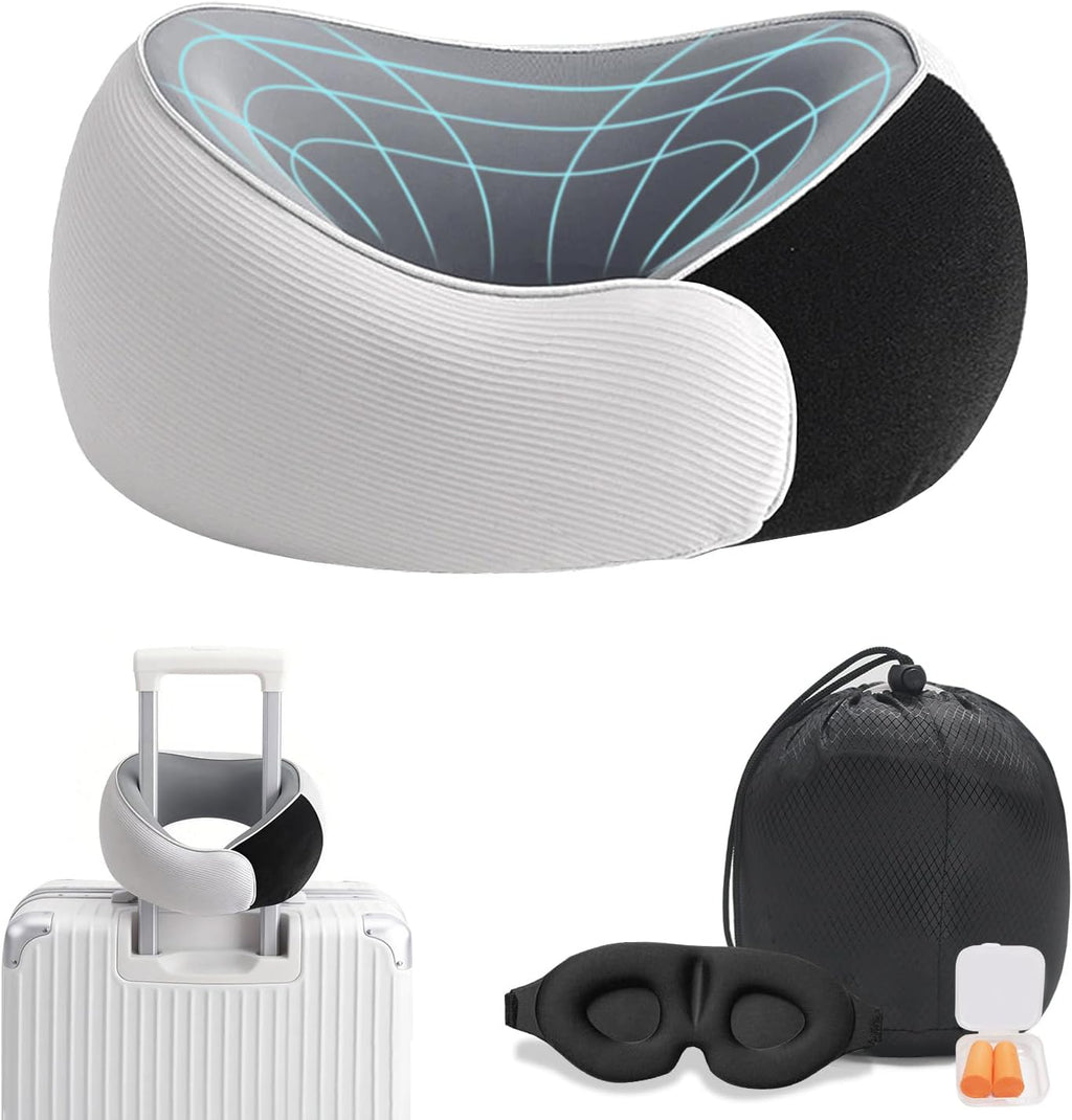 Travel Pillows, 100% Pure Memory Foam Neck Pillow for Airplanes, 360° Head Support, Ergonomic Design, with 3D Eye Mask, Earplugs and Storage Pouch, Airport Travel Essentials for Office, Airplane, Car