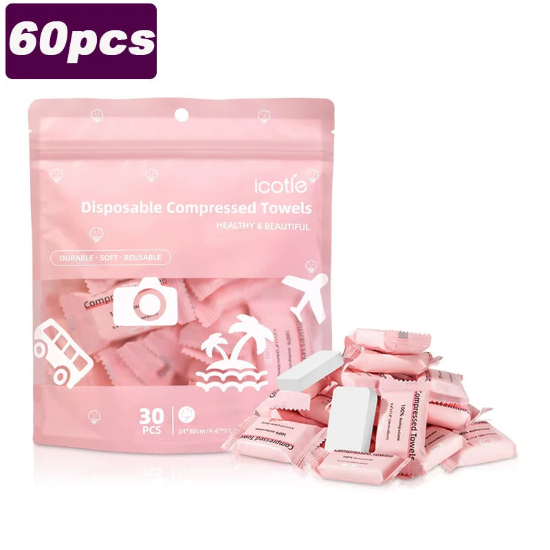 Compressed Disposable Travel Towels – 30 Individually Wrapped Cotton Cleansing Towels