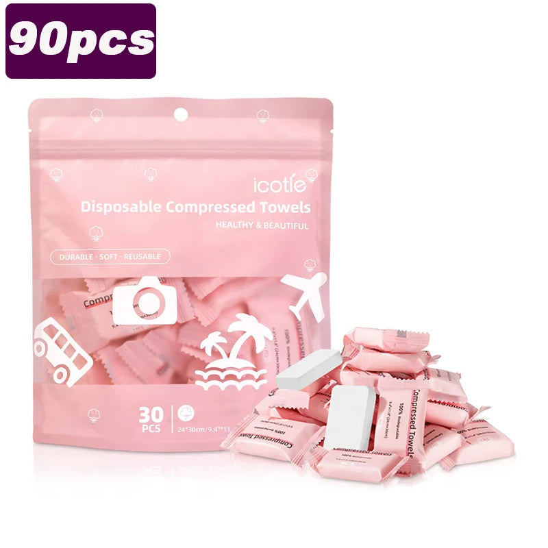 Compressed Disposable Travel Towels – 30 Individually Wrapped Cotton Cleansing Towels