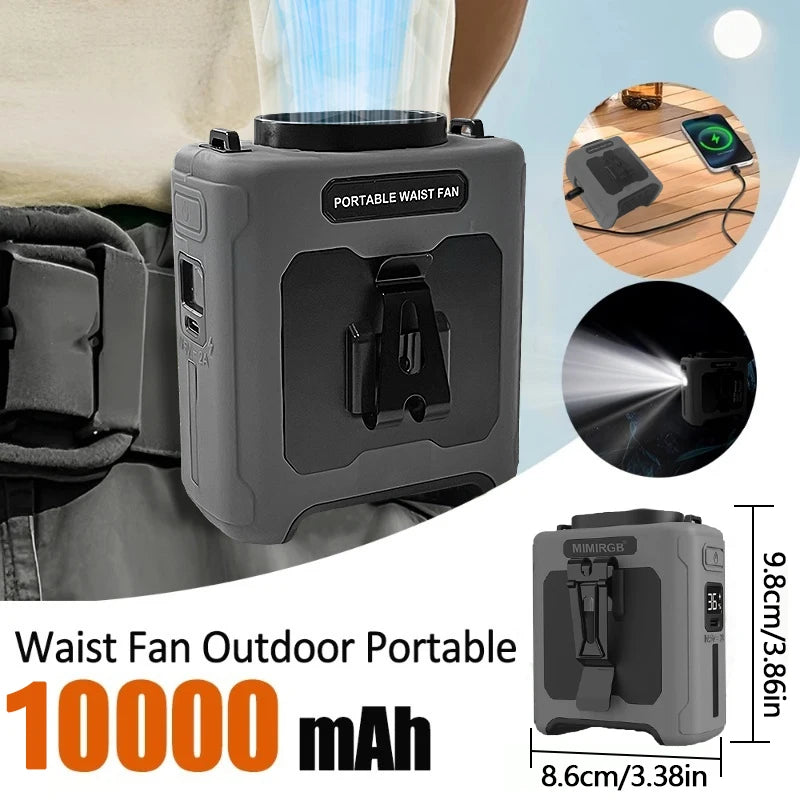 10000mAh Rechargeable Waist Fan – Portable Clip-On Personal Cooling Fan with Power Bank & Flashlight