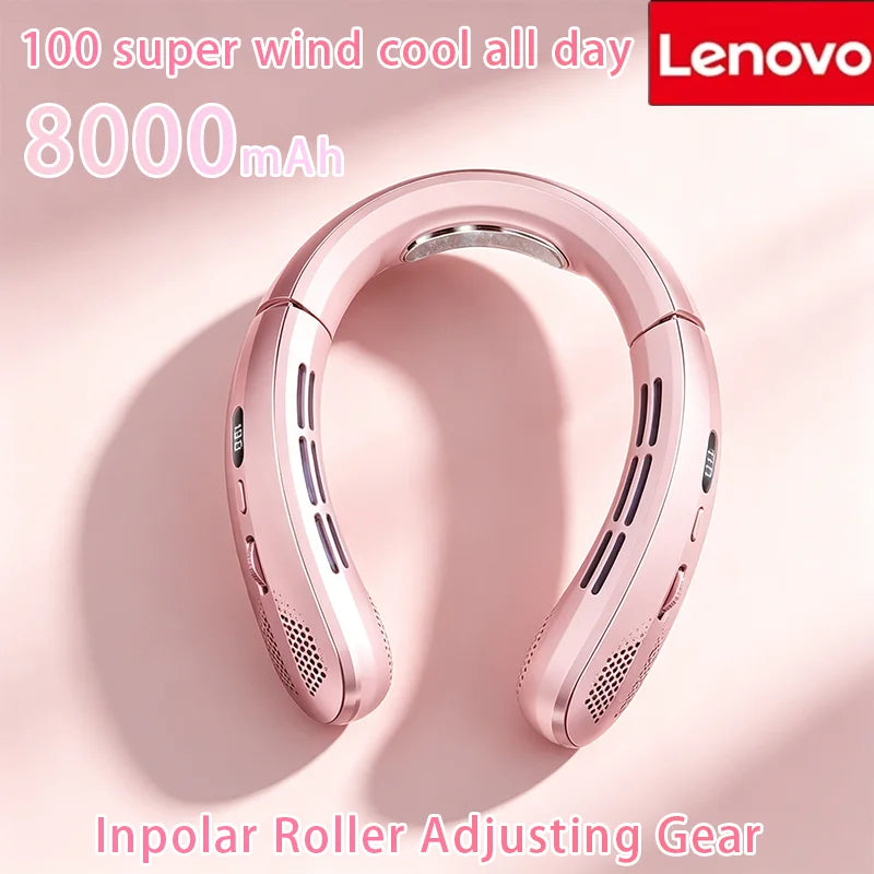 Lenovo 8000mAh Bladeless Neck Fan | USB Rechargeable Portable Hands-Free Personal Cooling Fan with LED Display & 100 Speed Levels