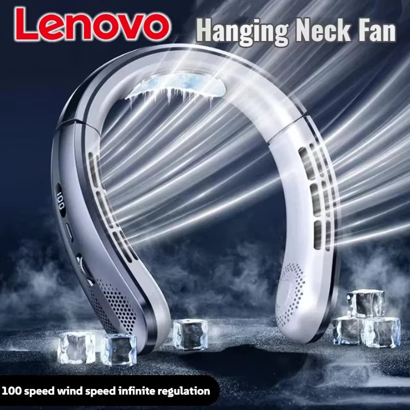 Lenovo 8000mAh Bladeless Neck Fan | USB Rechargeable Portable Hands-Free Personal Cooling Fan with LED Display & 100 Speed Levels