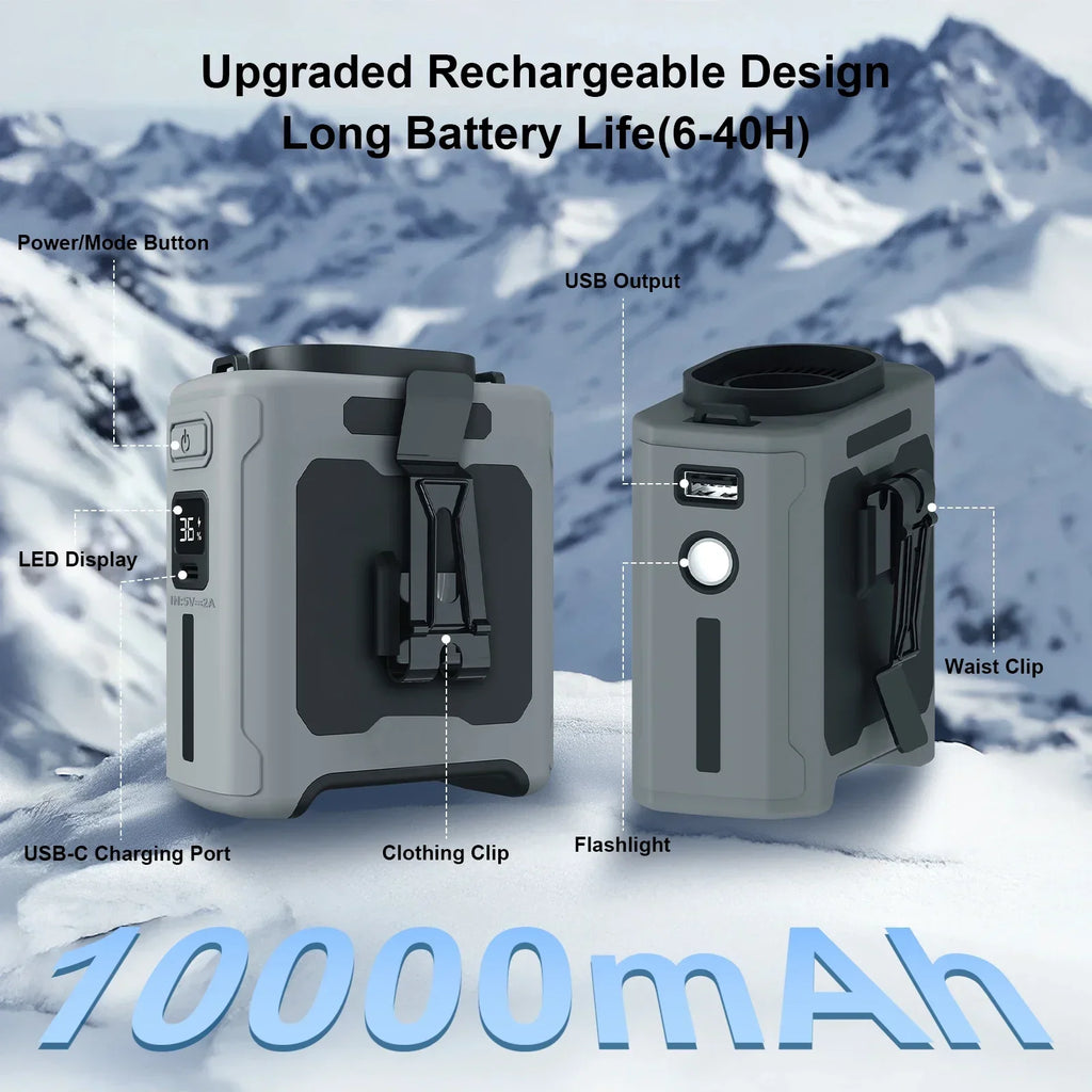 10000mAh Rechargeable Waist Fan – Portable Clip-On Personal Cooling Fan with Power Bank & Flashlight