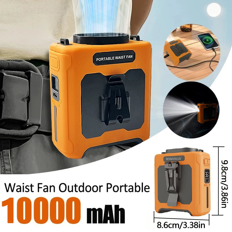 10000mAh Rechargeable Waist Fan – Portable Clip-On Personal Cooling Fan with Power Bank & Flashlight