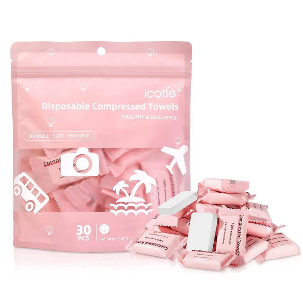 Compressed Disposable Travel Towels – 30 Individually Wrapped Cotton Cleansing Towels