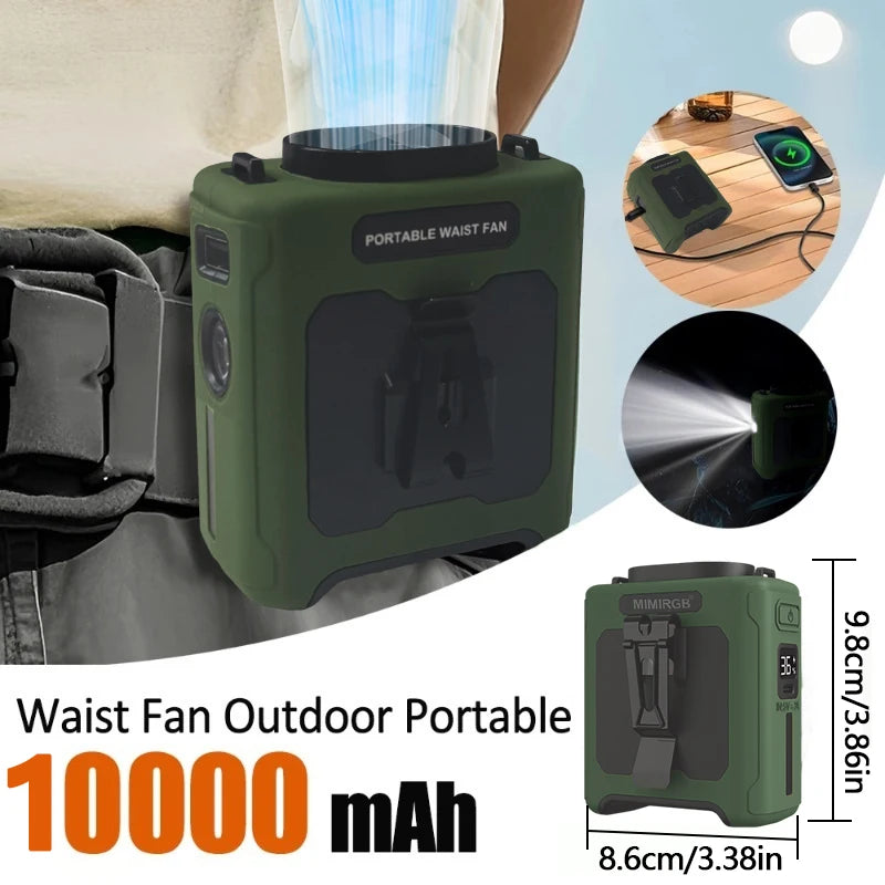 10000mAh Rechargeable Waist Fan – Portable Clip-On Personal Cooling Fan with Power Bank & Flashlight